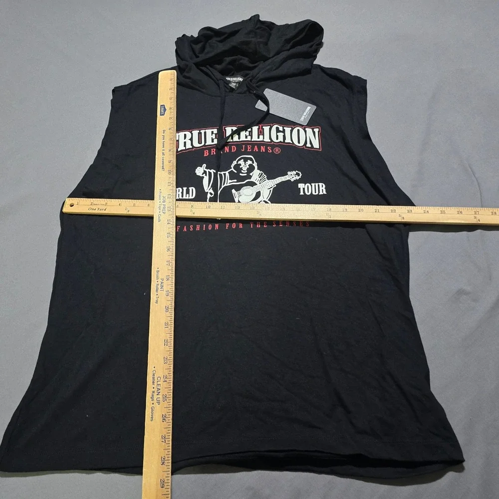 True Religion Sleeveless Hoodie Mens Large Black World Tour Graphic Tank Top